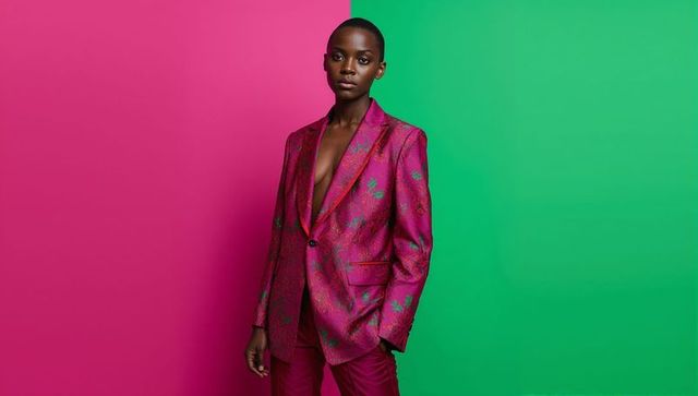 Bold fashion expression with elegant magenta floral suit