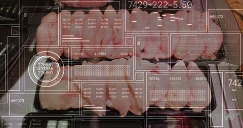 Packaged raw chicken with augmented reality analytics overlay on refrigerated retail shelf