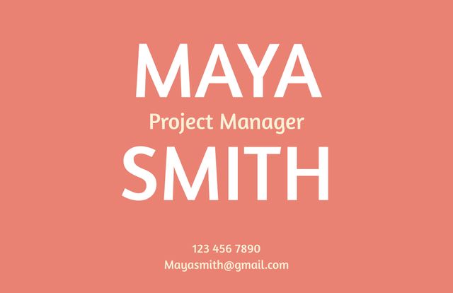 Project manager text, with name and contact details in white on pink background. Project manager business card design, digitally generated image.