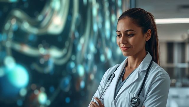 Female doctor standing arms crossed wearing lab coat and stethoscope in modern clinic