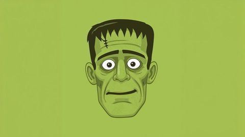Cartoon green frankenstein monster head on solid green background