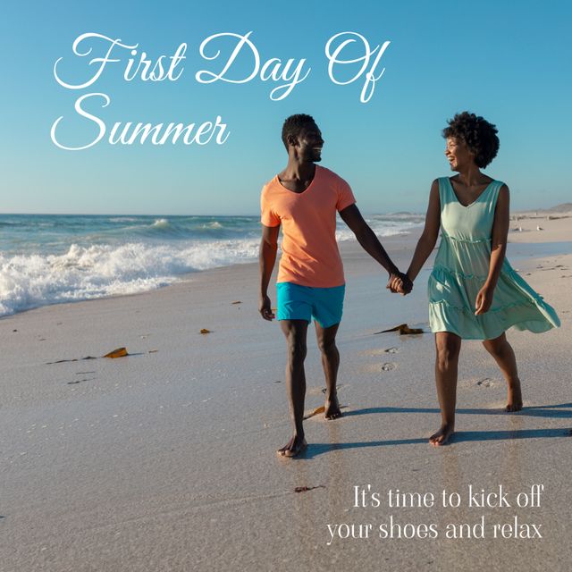 First day of summer text with happy african american couple holding hands and walking on beach. Summer, vacations and free time promotional campaign digitally generated image.