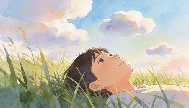 Teen lying in meadow gazing at pastel watercolor sky, sunlit serene contemplative moment