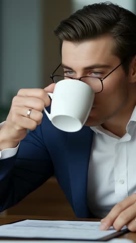 Vertical corporate close-up: Businessman glancing up, sipping coffee while reviewing documents