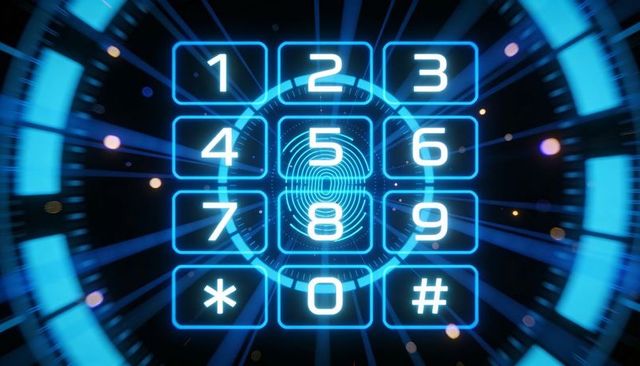 Neon biometric keypad hud with fingerprint scanner and futuristic holographic interface