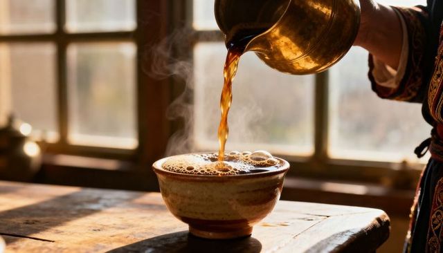Pouring hot coffee into ceramic bowl with steam rising by sunlit rustic wooden window