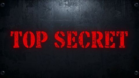 Red top secret stencil on weathered industrial metal panel with grunge texture