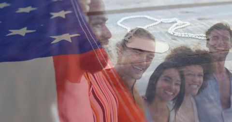 Diverse Friends Celebrating Outdoors with US Flag Overlay