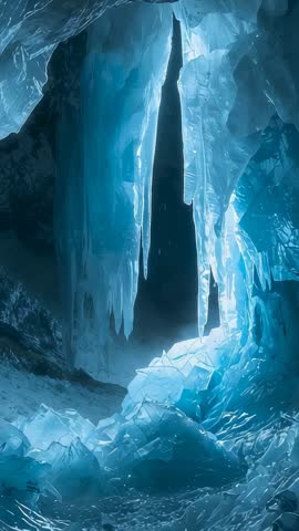 Vertical video revealing blue glacial cave with towering icicles and jagged ice