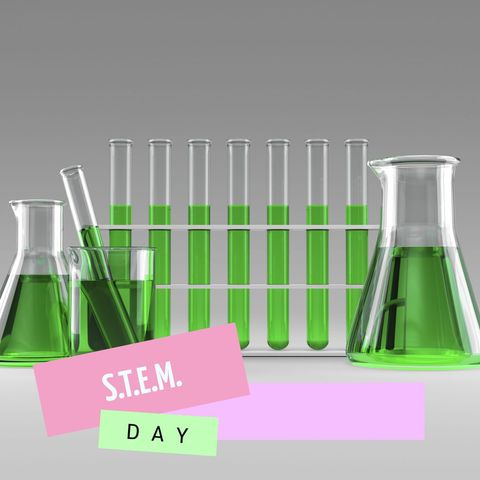 stem day celebration with green liquid in test tubes and flasks - Download Free Stock Templates Pikwizard.com