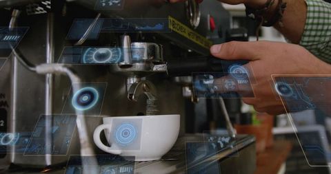 Barista Extracting Espresso with Futuristic Technology Overlays
