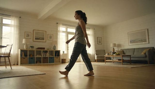 Woman walking barefoot across sunlit open-plan living room with cozy modern decor