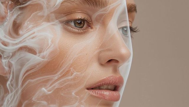 Ethereal beauty portrait featuring translucent veil of white smoke and skin texture