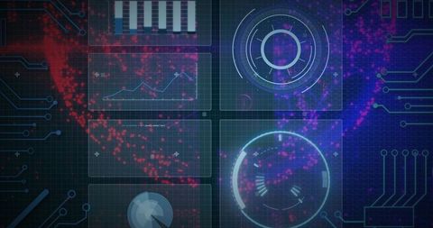 Futuristic HUD Interface with 2x2 Data Panels, Neon Gauges and Red-Purple Particle Cloud