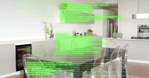 Minimal modern kitchen showing clear acrylic dining chairs casting neon AR code overlay