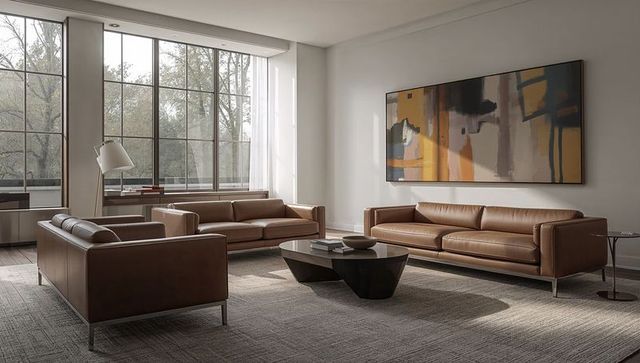 Elegant minimalist living room with leather sofas