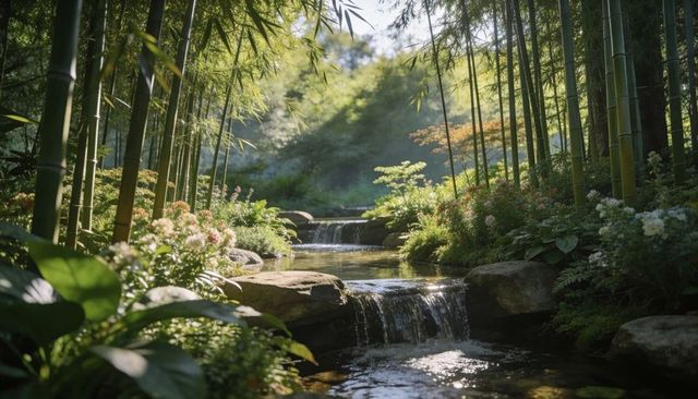 Tranquil bamboo stream cascading over terraced stones through lush mossy garden