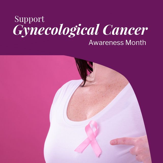 Caucasian woman with awareness ribbon on chest and support gynecological cancer awareness month text. Composite, purple, midsection, copy space, cervical cancer, awareness, healthcare, prevention.