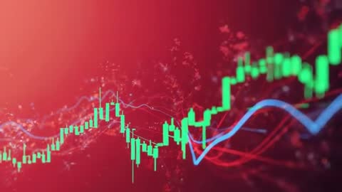 Animated candlestick chart showing bullish surge with moving averages and particle flow