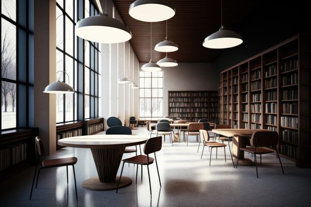 Modern library interior featuring large windows allowing abundant natural light, with wooden bookshelves along the walls and stylish furniture for a cozy reading and study atmosphere. Perfect for usage in educational materials, architectural designs, and lifestyle blogs focusing on reading, learning spaces, and modern decor.