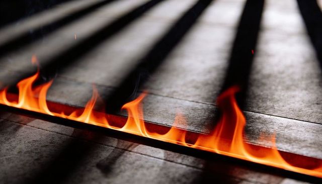 Burning trench vent flames casting dramatic shadow bands over textured tiled floor warmth