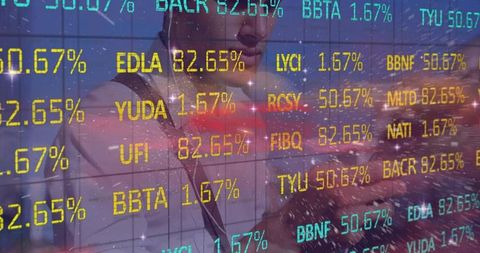 Business professional using tablet with overlaid stock market tickers and data visualization