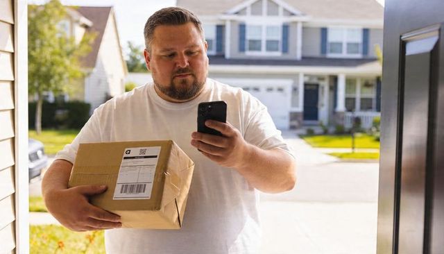 Man holding parcel and checking smartphone at front door on suburban porch delivery moment