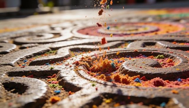 Closeup colorful sand mandala being poured into carved stone spiral grooves with powder texture