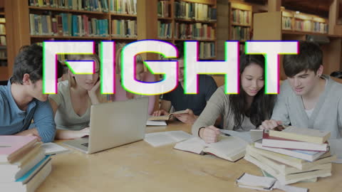 Diverse Students Studying with Vibrant Overlay Text Effect