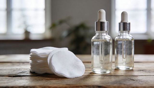 Presenting minimalist skincare scene with cotton pads and glass dropper bottles