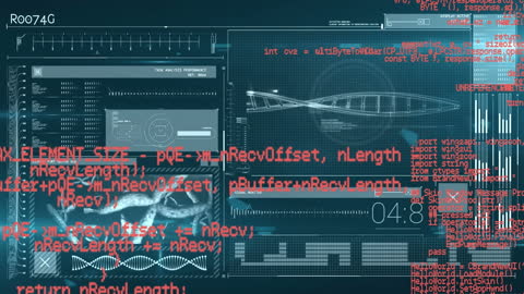 Futuristic Interface with DNA Strand and Data Processing Code
