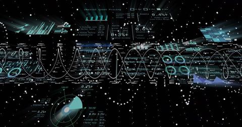 Futuristic holographic hud dashboard with pulsing data waveform, radar sweep metrics ui