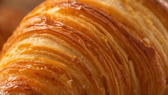 Laminated croissant revealing glossy caramelized layers and flaky buttery texture