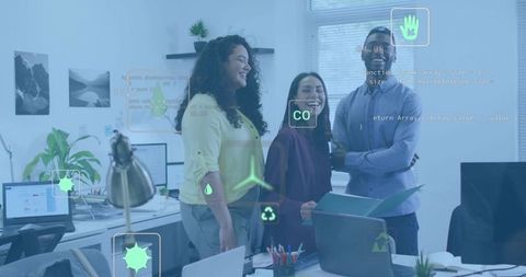 Diverse team collaborating with augmented reality sustainability overlays in workspace