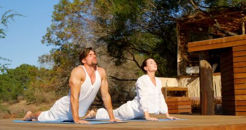 Couple Practicing Outdoor Yoga in Cobra Pose for Wellness