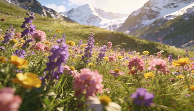 Sunlit alpine wildflower meadow, colorful blooms and snowcapped mountains at golden hour