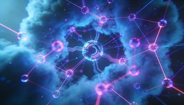 Neon neural network hub connecting glowing spherical nodes inside cloud-like data nebula