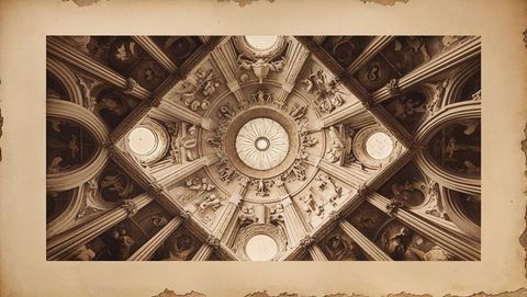 Gothic Church Dome with Radial Ribs and Angel Reliefs in Sepia Tone
