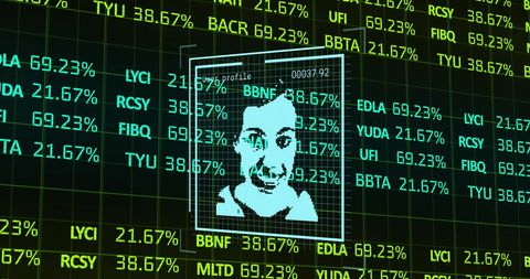 Facial recognition interface with stock market data overlay