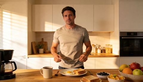 Sunlit kitchen morning man preparing breakfast with fried egg, toast and coffee mug
