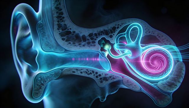 3d medical illustration human ear cross section highlighting cochlea, ossicles and auditory canal