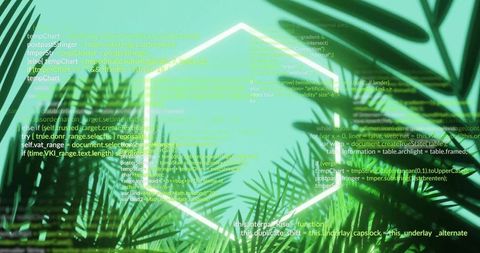 Neon Hexagon Amidst Digital Greenery and Code Lines