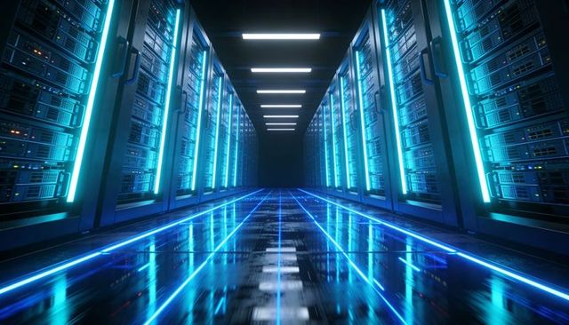 Futuristic neon data center corridor with glowing server racks and cyan lighting