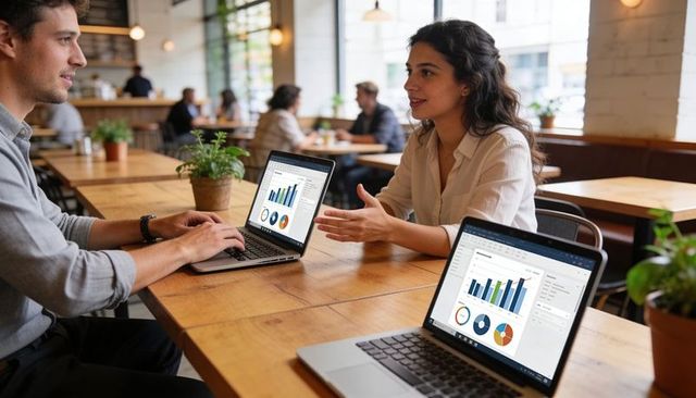 Colleagues discussing data charts on laptops at urban café meeting for business insights