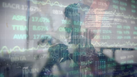 Financial Data Overlay on Man Drinking Coffee with Cityscape