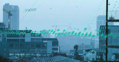 Teal data overlay crossing industrial city skyline with cranes, harbor and palm rooftops