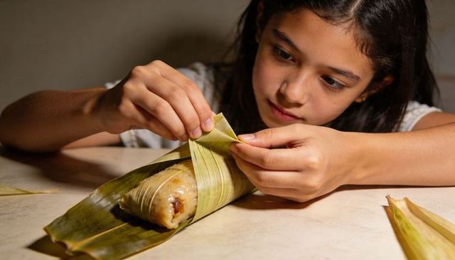 Girl wrapping banana leaf tamale on kitchen table, focused hands and concentration