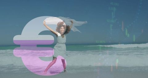 Woman at Beach with Euro Symbol Overlaying Ocean Serenity