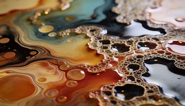 Swirling marbled liquid with metallic gold foam and oil droplets macro texture
