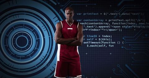Athlete merges with futuristic sports technology matrix